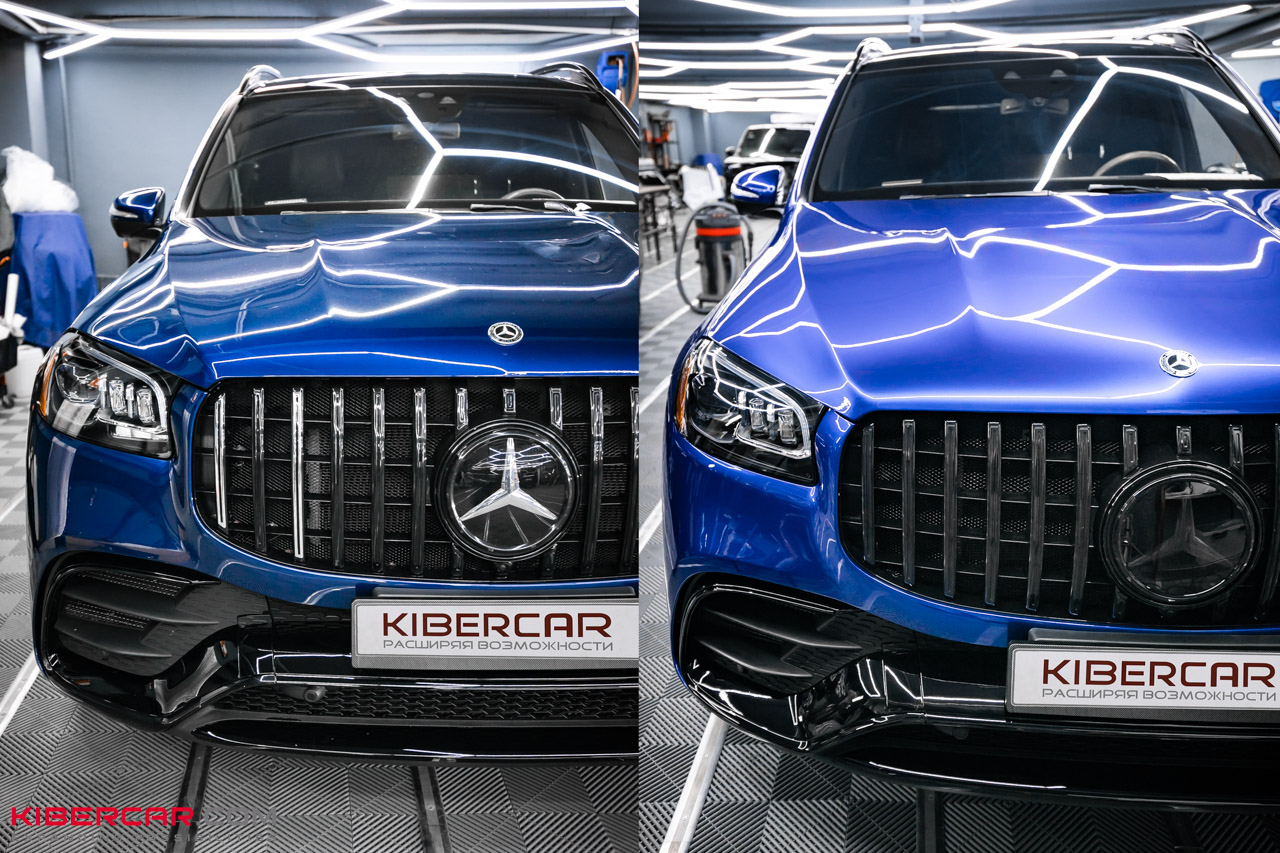 Mercedes-Benz GLS сравнение передней части кузова до и после оклейки пленкой и обновления антихрома в КИБЕРКАР