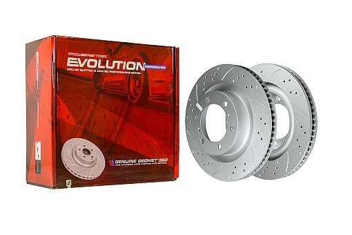 Передний тормозной диск Evolution с перфорацией и насечками в покрытии GEOMET для Lexus GX 2009-2022,  Land Cruiser Prado 150 2009-2022